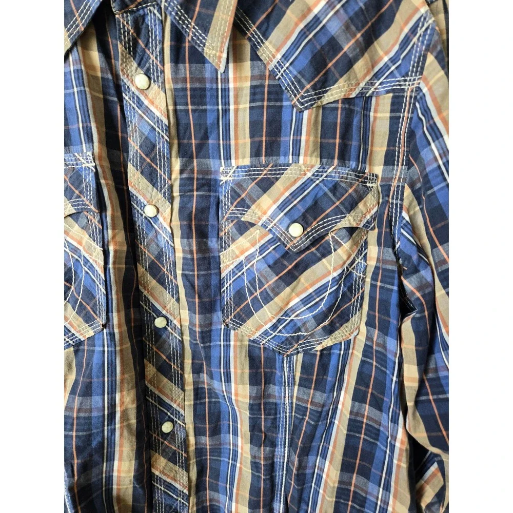 True Religion Mens Western Snap Plaid Shirt Navy Tan ML4BL68MNT XXL